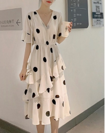 韩版V领短袖大波点雪纺裙