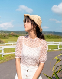 夏季新蕾丝刺绣圆领甜美短袖上衣