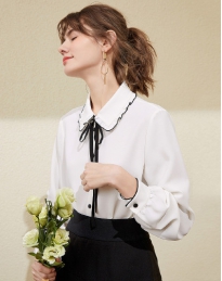 撞色木耳边领设计雪纺衬衫