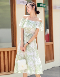 夏装新款小清新蝴蝶结两穿领系带大裙摆A字裙雪纺碎花连衣裙