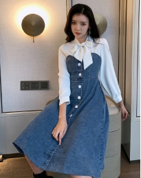时尚百搭春秋女装裙子牛仔拼接高腰A字裙长袖连衣裙