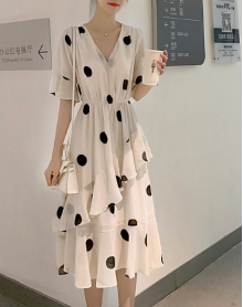 韩版V领短袖大波点雪纺裙