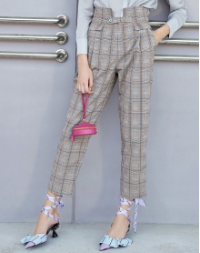 格子高腰休闲裤女显高显瘦宽松chic直筒裤2020年春季新款