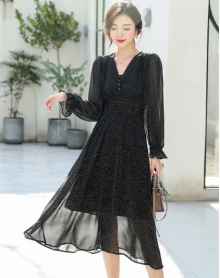 韩版时尚荷叶边领系绳打底长袖雪纺连衣裙