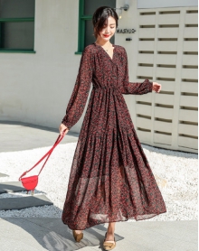 宽松V领碎花中长款打底长袖雪纺连衣裙
