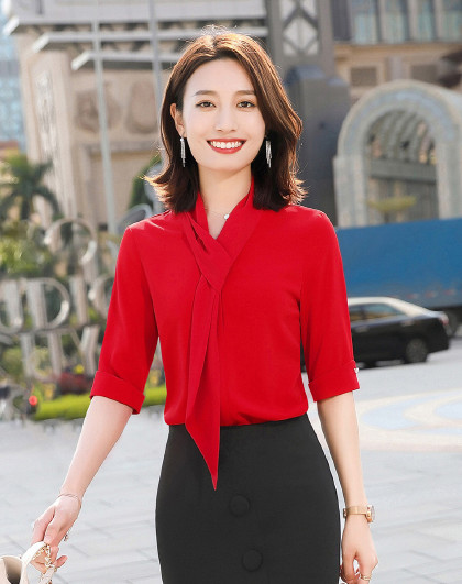 短袖夏季新品时尚飘带衬衣商务休闲百搭纯色半袖女衬衫