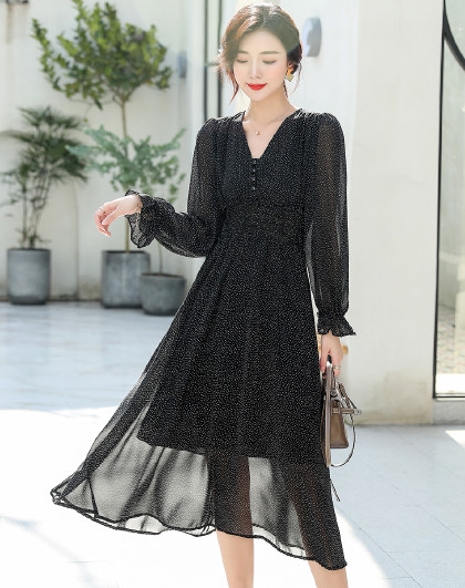 韩版时尚荷叶边领系绳打底长袖雪纺连衣裙